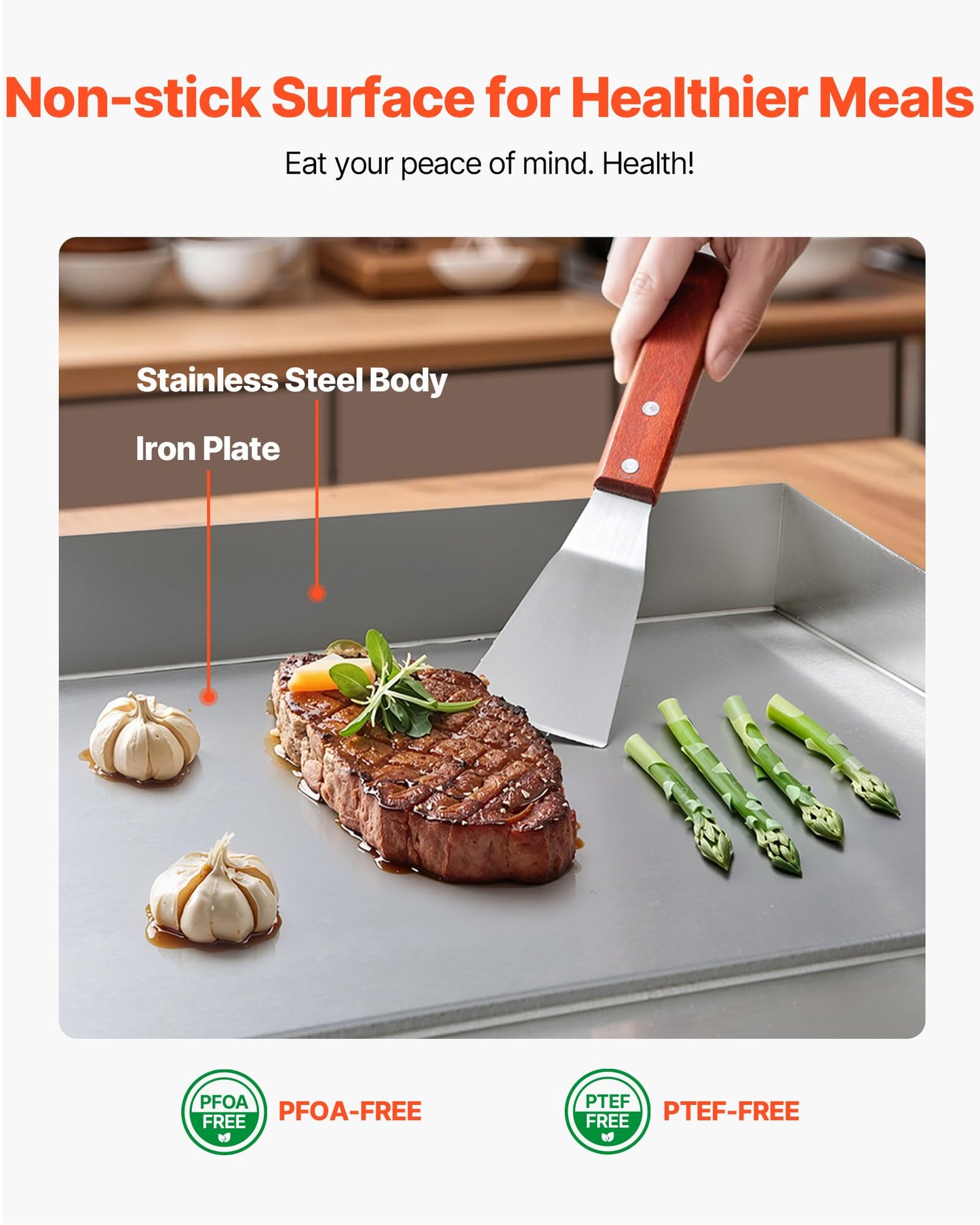VEVOR Commercial Electric Griddle, 21 x 11.8 inch, 1750W, 122-570°F Adjustable Temp Control, Stainless Steel Countertop Flat Top Grill with 2 Spatulas, 2 Brushes and 4 Foot Pads, for Steak, Pancake