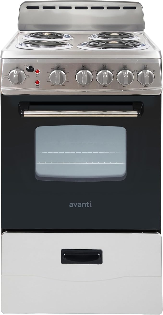 Avanti Electric Range Oven Compact Design, 2.1-Cu.Ft. Capacity with 4 Coil Burners, Framed Glass Oven Door, Storage Drawer...