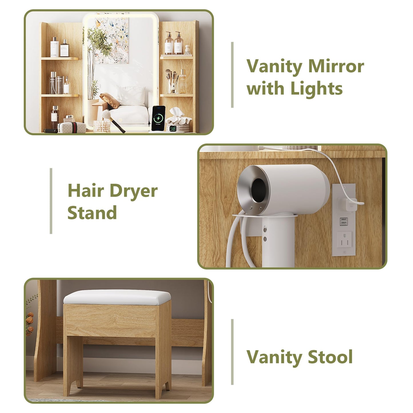 Small Vanity Desk with Mirror and Lights, Makeup Vanity with LED Lighted Mirror, Fluted Vanity with Lights Desk and Chair, 3 Lighting Adjustable Dressing Table with Charging Station for Women,Girls