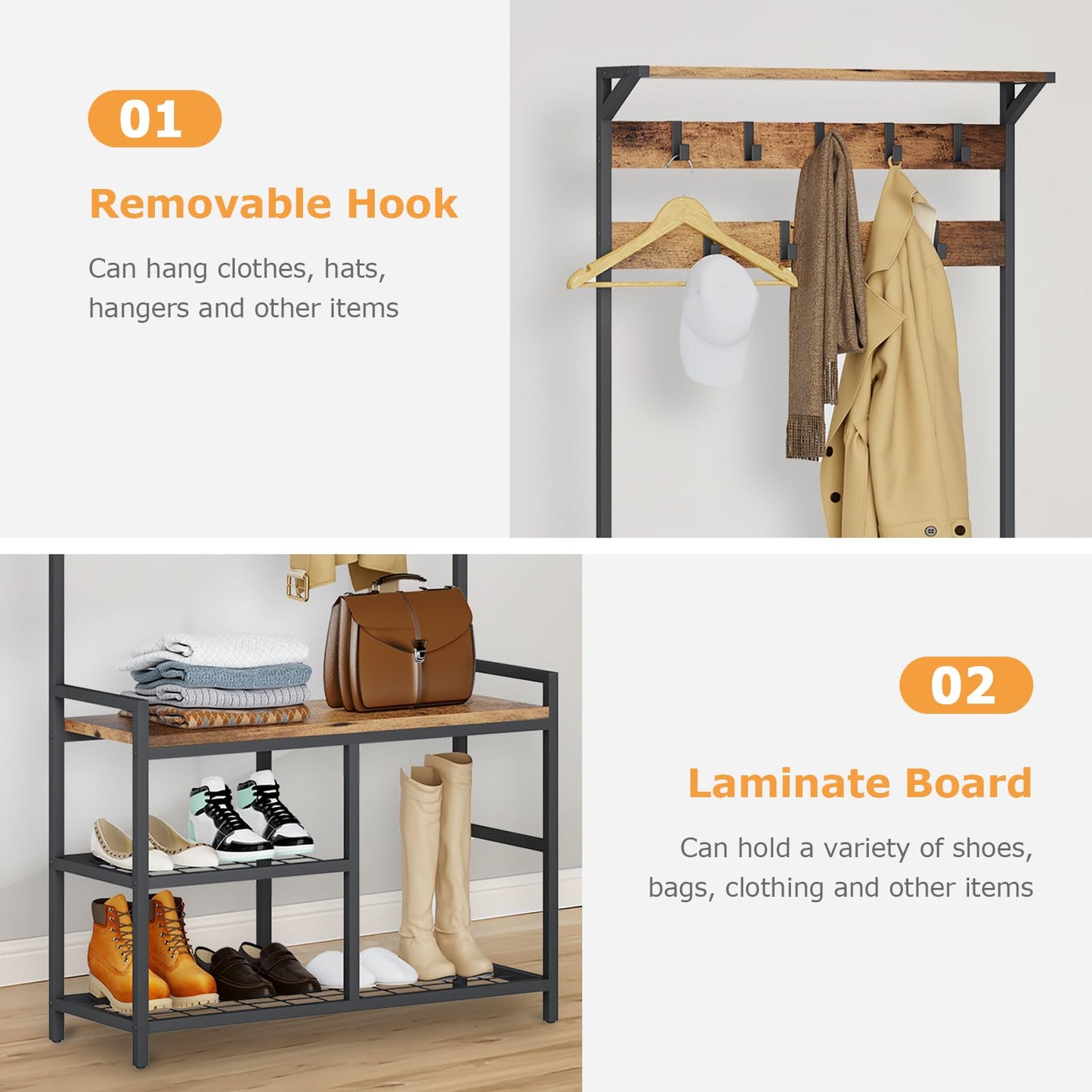 HOMEKOKO Coat Rack Shoe Bench, Hall Tree Entryway Storage Bench, Wood Look Accent Furniture with Metal Frame, 3-in-1 Design (Rustic Brown)