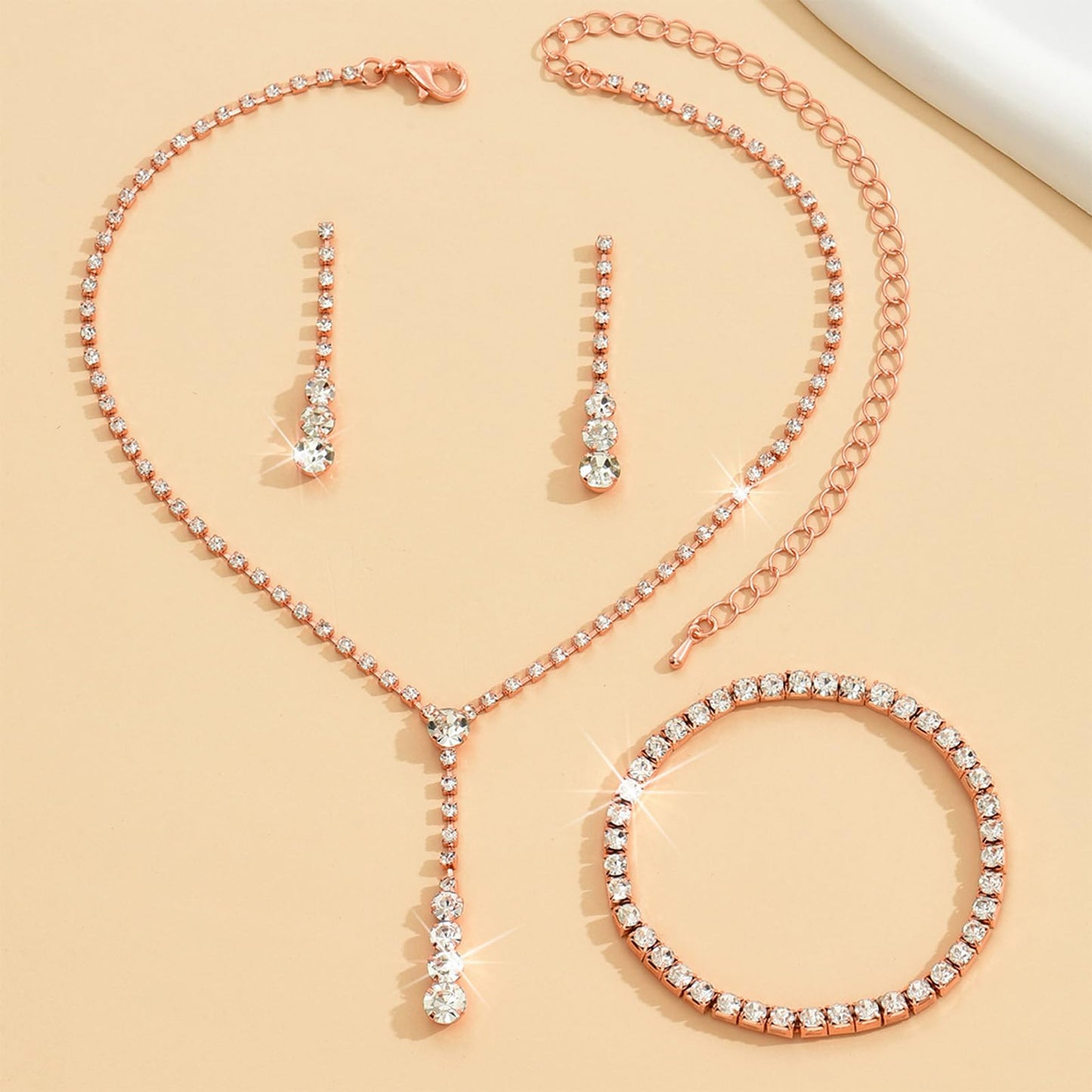 HUASAI Rose Gold Wedding Jewelry Sets for Brides Rhinestone Necklace Earrings Bracelet Set Bridal Costume Jewelry for Women Form