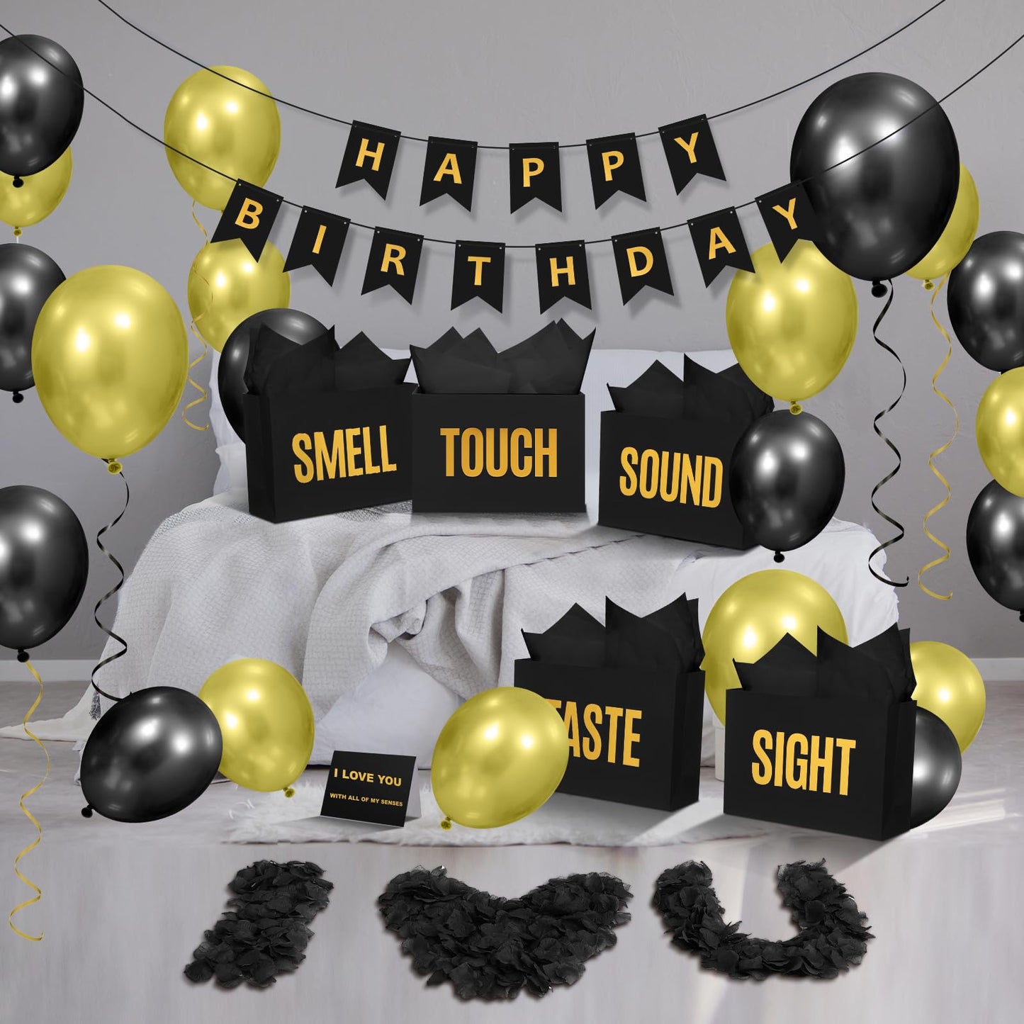 Soulchen 5 Senses Gift Birthday Decorations Five Senses Gift Bags Party Decoration with Happy Birthday Banner Taste Touch Sound Rose Petals Balloon for Party(Black Gold)