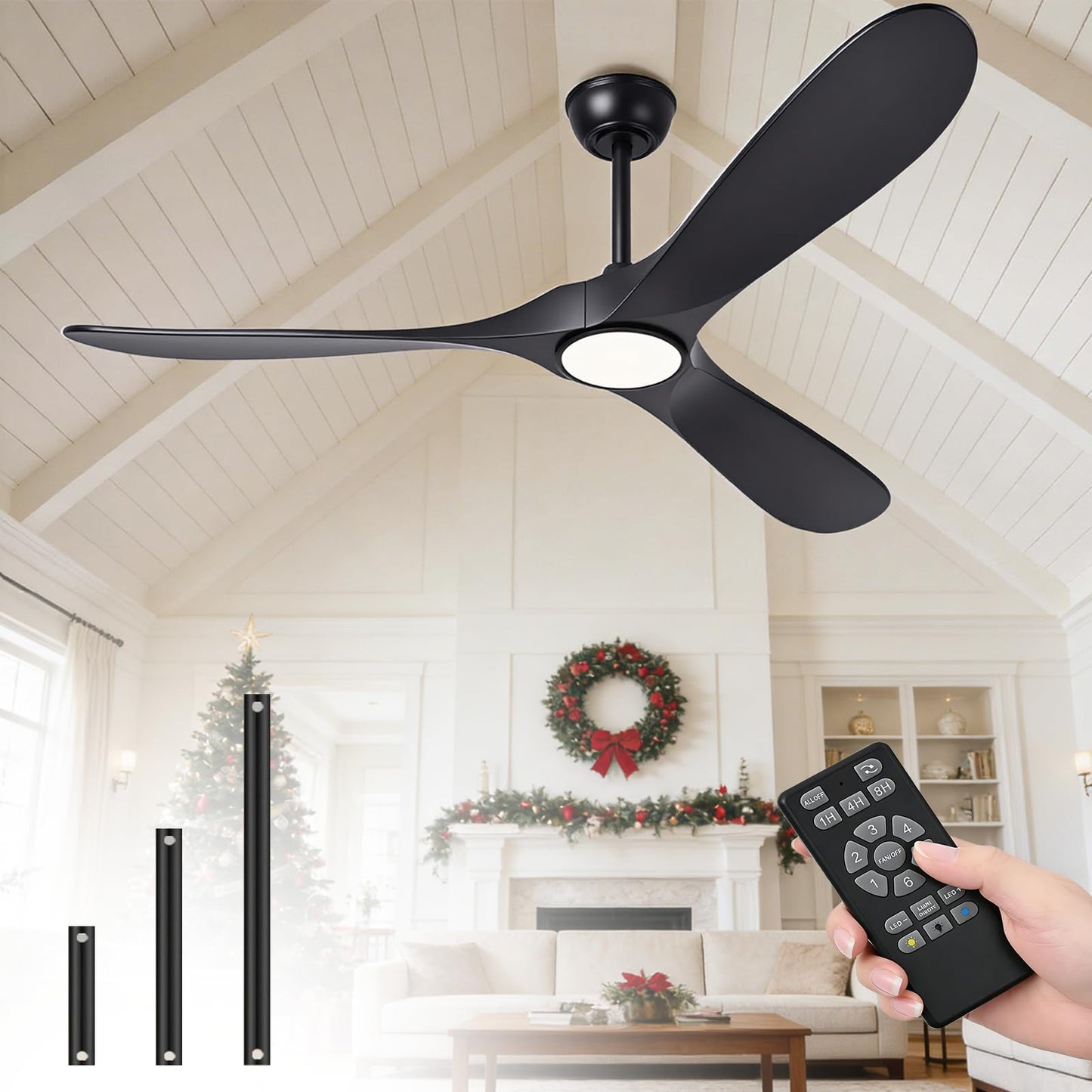 Mosanfan 52 Inch Ceiling Fans with Lights and Remote, Wood Outdoor Ceiling Fan with 6 Speed Noiseless DC Motor, Indoor Modern 3 Blade Propeller Ceiling Fan for Bedroom Living Room Gazebo Patio (Black)