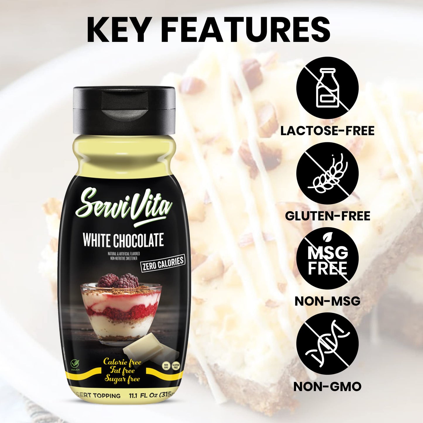 Sugar Free WHITE CHOCOLATE Syrup Zero Calories and Fat Free Topping, 11.1 FL OZ - No Sugar White Chocolate Syrup Dessert Topping Gluten-Free, Non-GMO, Vegan and Keto Friendly - ServiVita