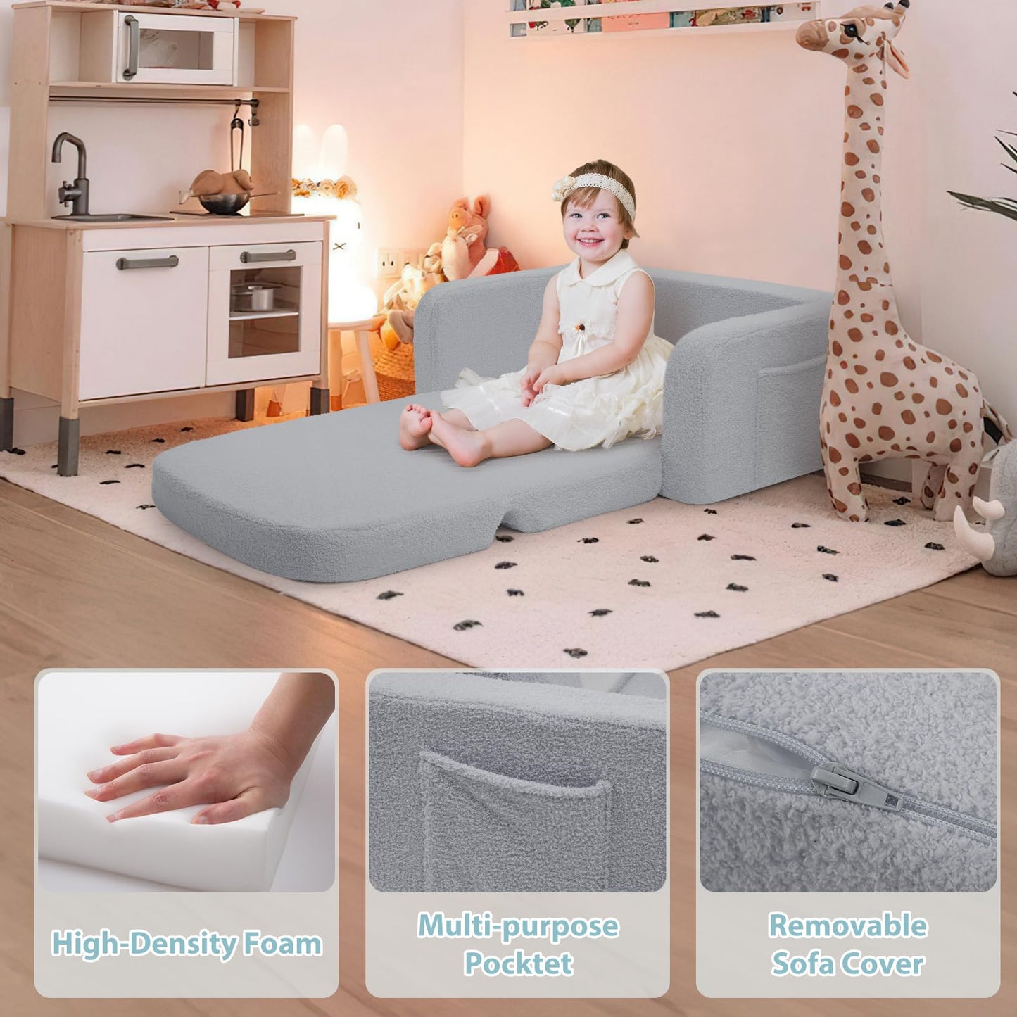 Foryoomi Extra Wide Kids Couch, 2-in-1 Soft Toddler Couch with Blanket, Comfy Toddler Chair, Convertible Sofa to Lounger with Cute Colorful Rainbow Design, Blue