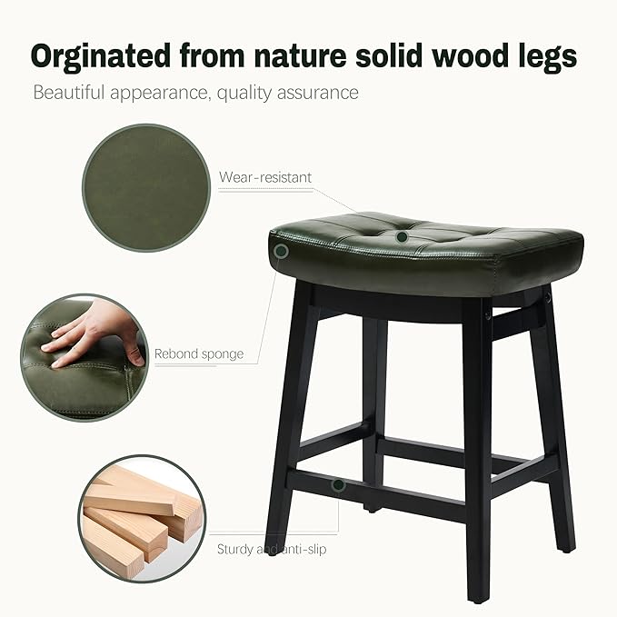 RNKSFX Counter Height Bar Stools Set of 3 for Kitchen Counter Farmhouse Modern Barstools with Faux Leather Upholstered Backless Seat and Solid Wood Legs 24 inch Bar Chairs, Green + Black