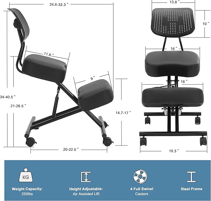 SOMEET Ergonomic Kneeling Chair with Back Support, Kneeling Desk Chair for Home Office with Brake and Gliding Casters, Adjustable Posture Chair with High Back for Desk to Relieve Back Pain, Black PU