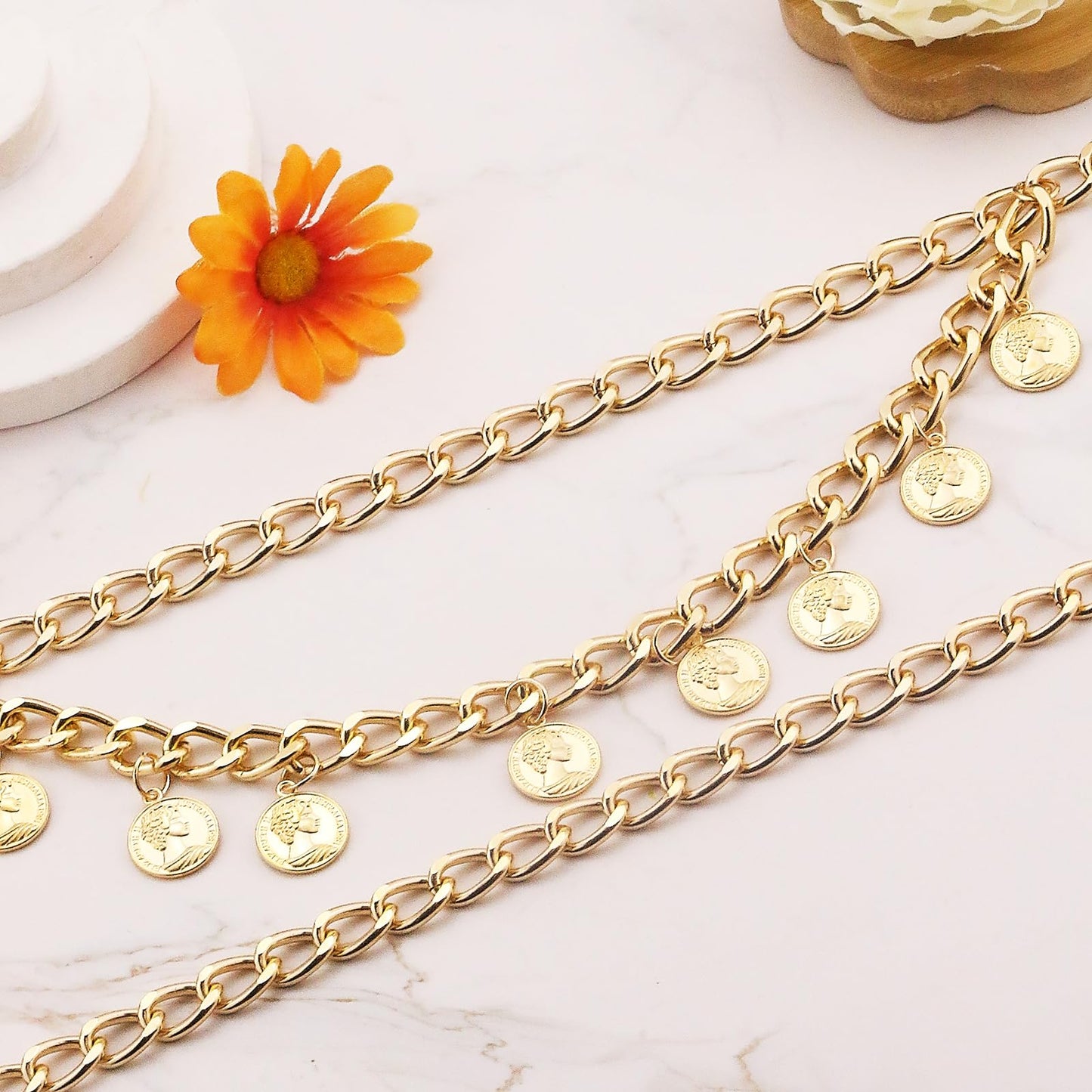 Pirate Waist Chain Gold Chain Belt for Dress Women Renaissance Costume Halloween Jewelry Coin Pearl Sunflower Waist Chain Beach