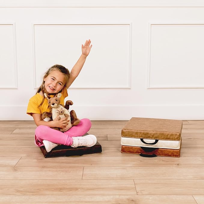 Factory Direct Partners Rustic Kid 15 inch Square Floor Cushions with Handles, Distressed Faux Leather, Flexible Seating for Home, Playroom, Montessori, Daycare, Classroom (4-Piece), 12227-DA