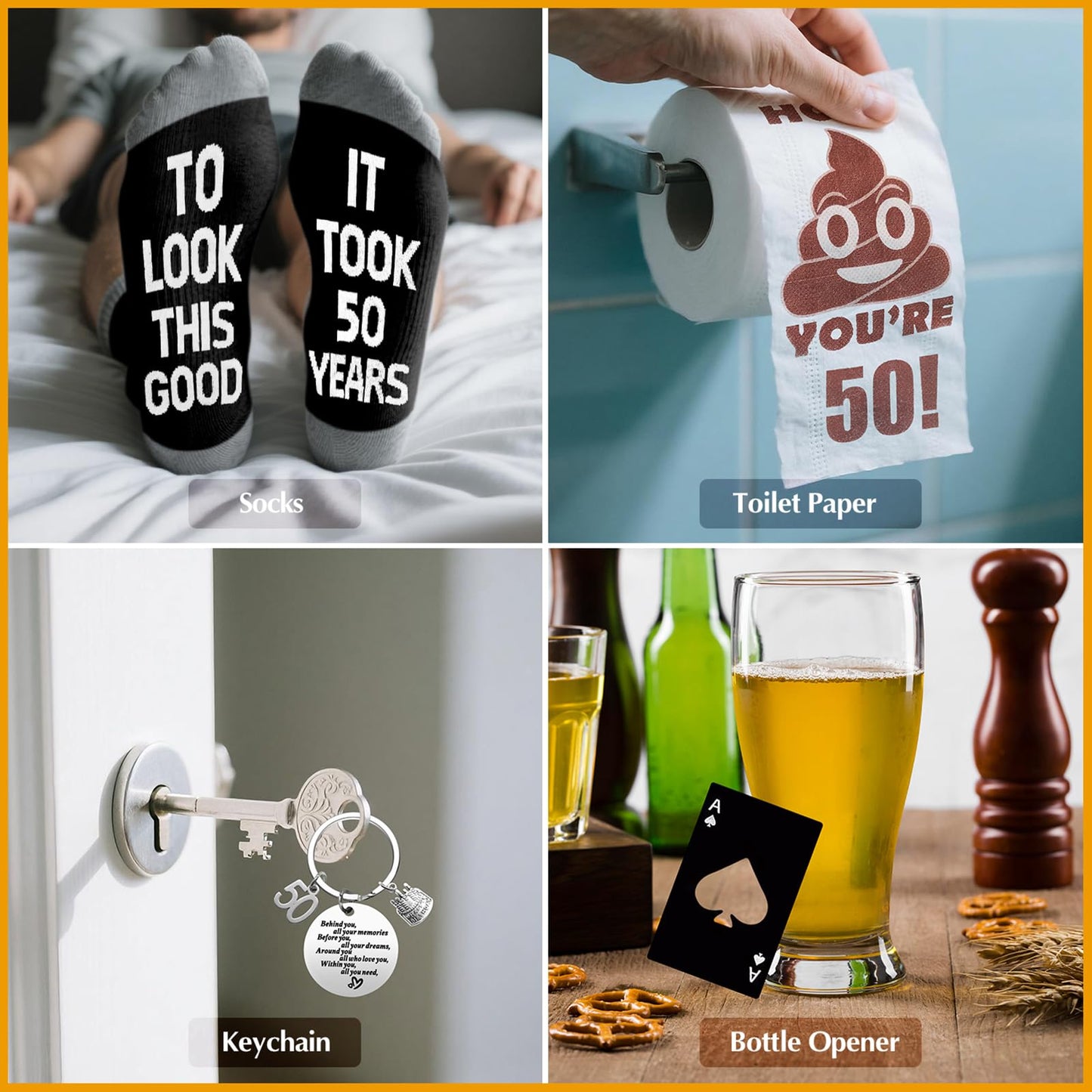 50th Birthday Gifts for Men Whiskey Glass Set, 50th Birthday Party Supplies with 11 Oz Whiskey Glass Coaster Stone Baseball Cap Apron Sock Funny Toliet Paper Keychain for Him, Dad, Husband, Friends