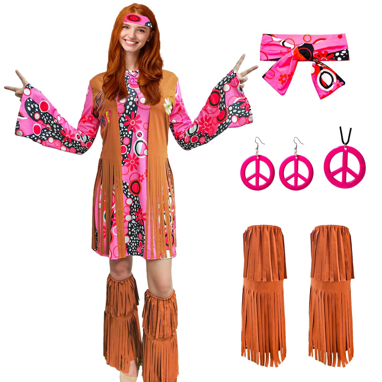 ATAMET 60s 70s Outfits for Women Hippie Costume Disco Dress,Halloween Party Dress Set (Pink A, X-Large)