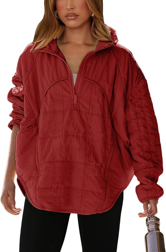 Daacee 2025 Oversized Lightweight Quilted Pullover Jacket for Women Half Zip Up Puffer Jackets Padded Outwear XS-2XL