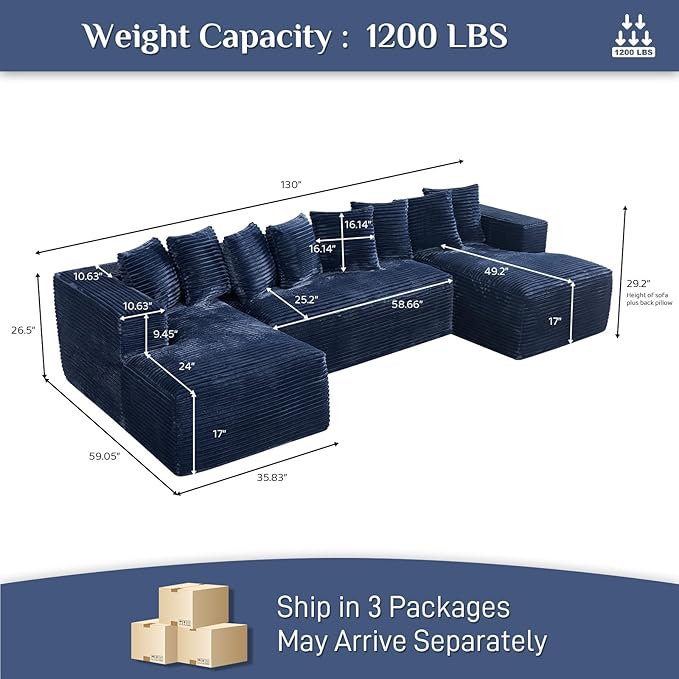 Modular Sectional Sofa, 130" U Shaped Cloud Couch Plush Corduroy Deep Seat Boneless Sofas with 8 Pillows Double Chaise Lounge Sectional Couches with Memory Foam for Living Room - Blue