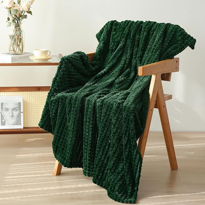Puncuntex Green Throw Blanket 50"×60" Decorations Fleece Super Soft Plush Fuzzy Cozy Blanket with Square 3D Jacquard Grid ...