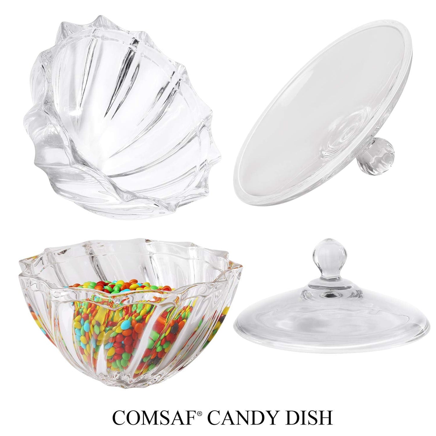 ComSaf Glass Candy Dish With Lid, 30OZ Large Jar for Office Desk, Covered Dish, Decorative Cute Container, Jewelry Box for Wedding Party Buffet Decor