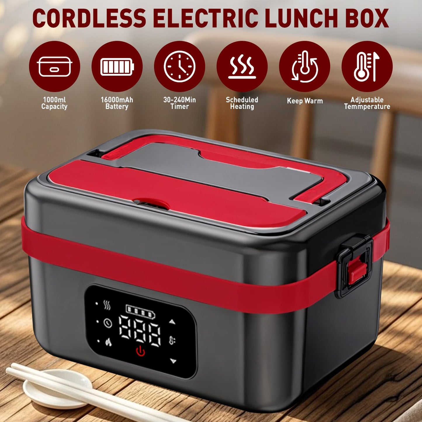 JingHua Cordless Electric Heated Lunch Box for Men Women, 1L Rechargeable Lunch Box Self-Heating Food Warmer with Keep Warm Function Ideal for Indoor Outdoor Work Office Camping Travel