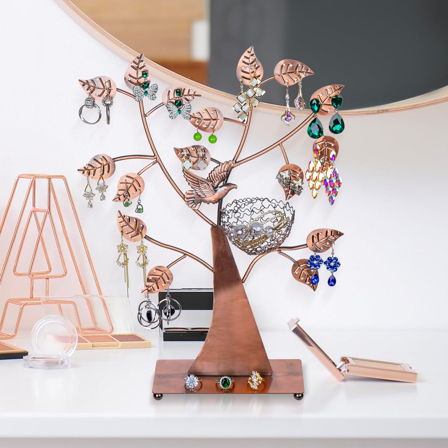 MyGift 14-Inch Modern Bronze Jewelry Organizer Tree with Bird Nest – Holds 48 Earrings, Necklace & Bracelet Stand, Metal Tabletop Display for Rings, Trinkets – Decorative Storage for Home Décor