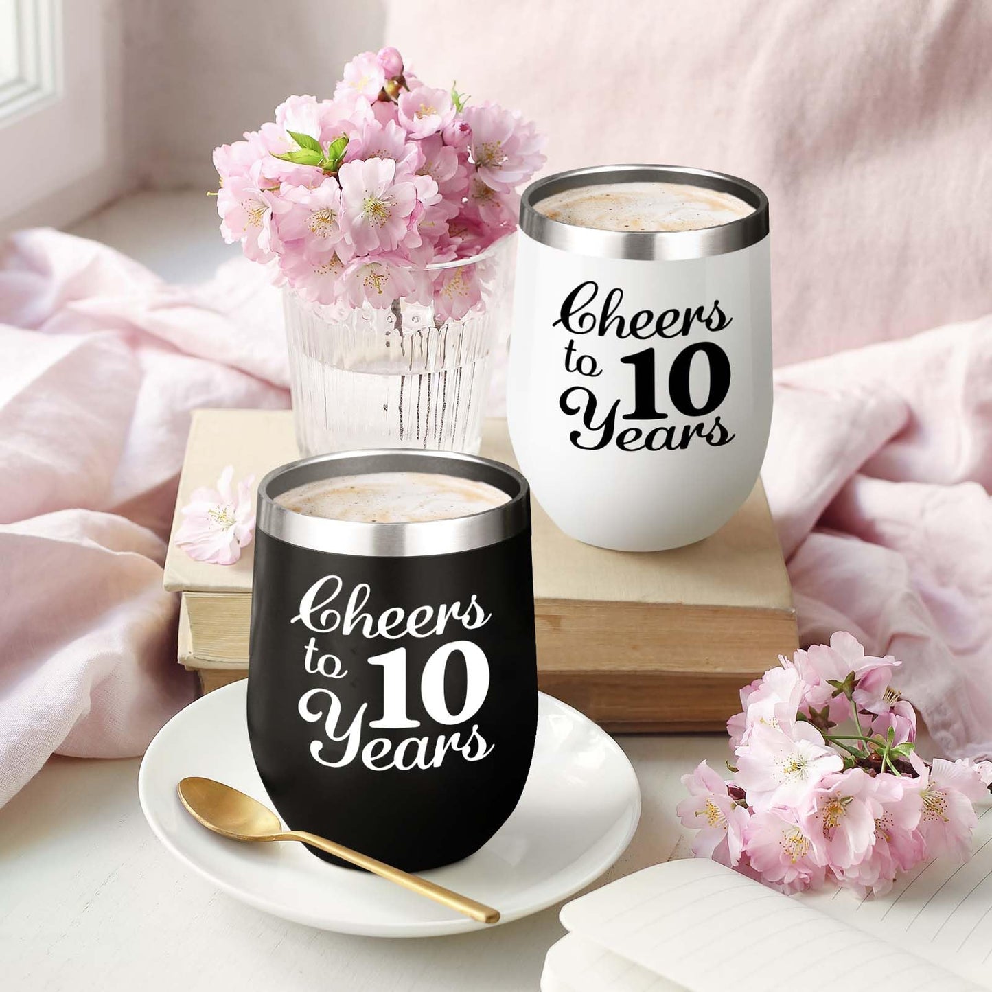 joytumbler 10th Anniversary Wedding Gifts for Couple Wife Husband Gifts for Tin Wedding Ten Years Anniversary Decorations 10 Years Marriage Gifts for Couple 2 Pack Wine Tumbler 12 OZ