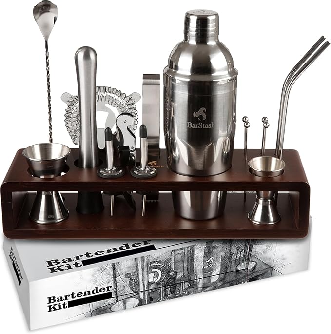 BarStash Cocktail Shaker Set Bartender Kit with Stand, Professional Bartending Kit, House Warming Gifts for New Home - Coc...