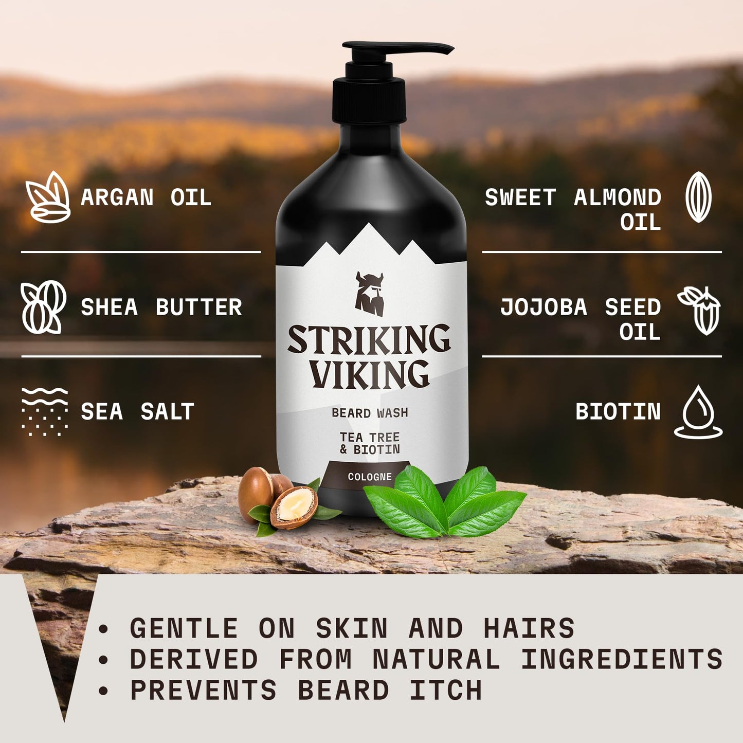 Striking Viking Beard Wash - 17 oz, Natural Tea Tree & Biotin - Cologne Scent Beard Shampoo Paraben & Sulfate Free For Men - Dee