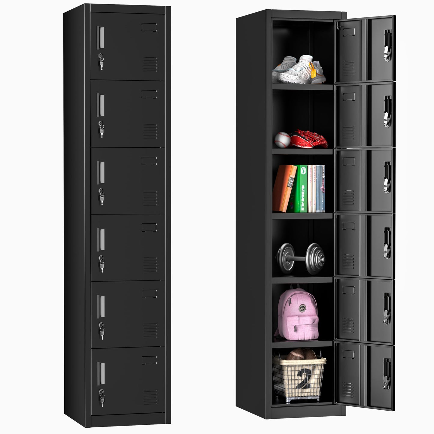 Bonusall Employees Lockers,Metal Office Storage Locker with 6 Door, Tall Steel Lockers with Keys and Lock for School, Gym, Home, Garage,Black
