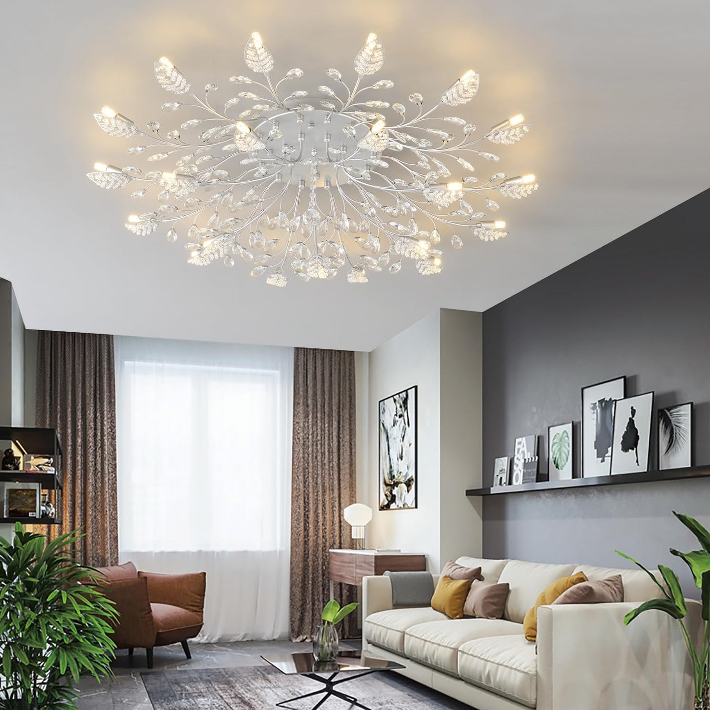 Ridiss Crystal Ceiling Light Fixture,Semi Flush Mount Chandeliers,Crystal Leaf Ceiling Light,Silvery Chandeliers for Dining Room,Living Room,Bedroom