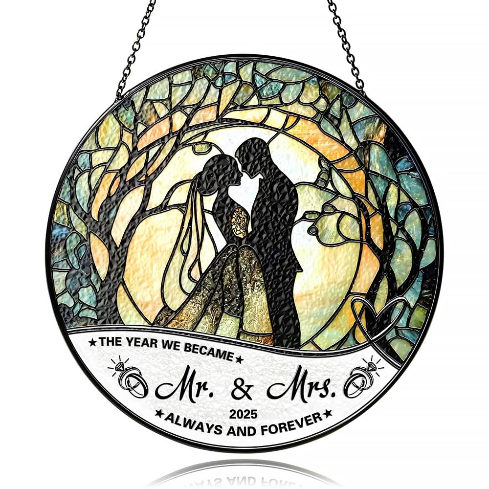 Stained Glass Suncatcher - Mr & Mrs 2025 Wedding Keepsake, Wedding Anniversary Keepsake, Bridal Shower Gift for Newlyweds,Suncatchers for Windows Hanging - Bride's Home Decoration or Ceremony Souvenir