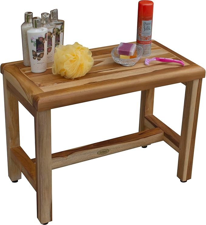 EcoDecors Eleganto 16 Inch Height Natural Color Waterproof Teak Wood Shower Bench Stool Seat Chair for Inside Shower Provides Safety, Storage, and Organization for Bathroom Accessories