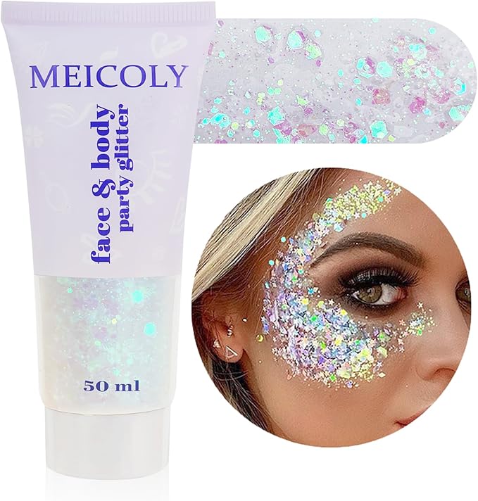 MEICOLY Clear White Body Glitter,Singer Concerts Music Festival Rave Accessories,Mermaid Face Glitter Gel,Sequins Glitter ...