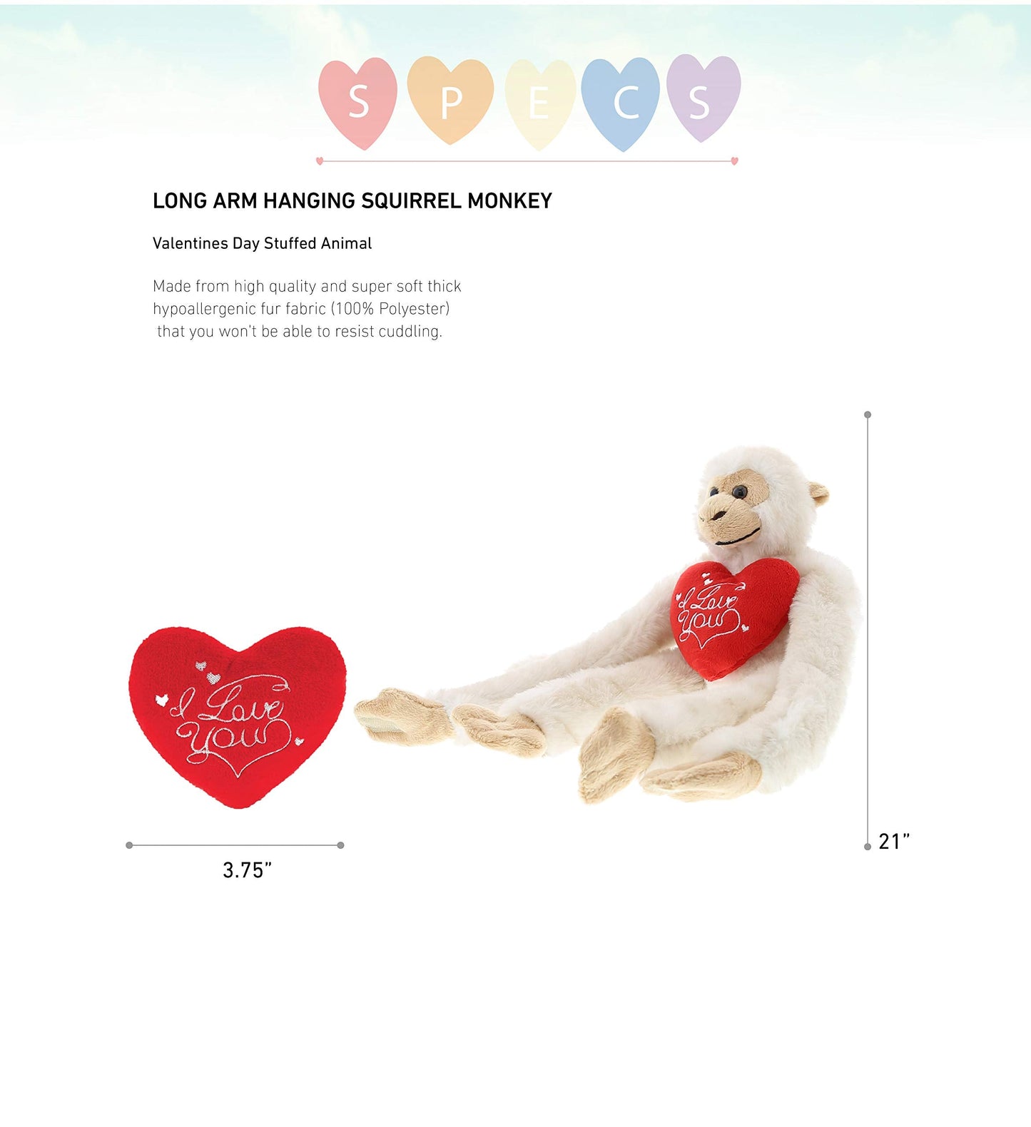 DolliBu I Love You Valentine Plush Hanging Monkey - Cute Stuffed Animal with Red Heart and Name Personalization Gift for Valentines Day, Birthday, Anniversary, Romantic Date - 21 Inches