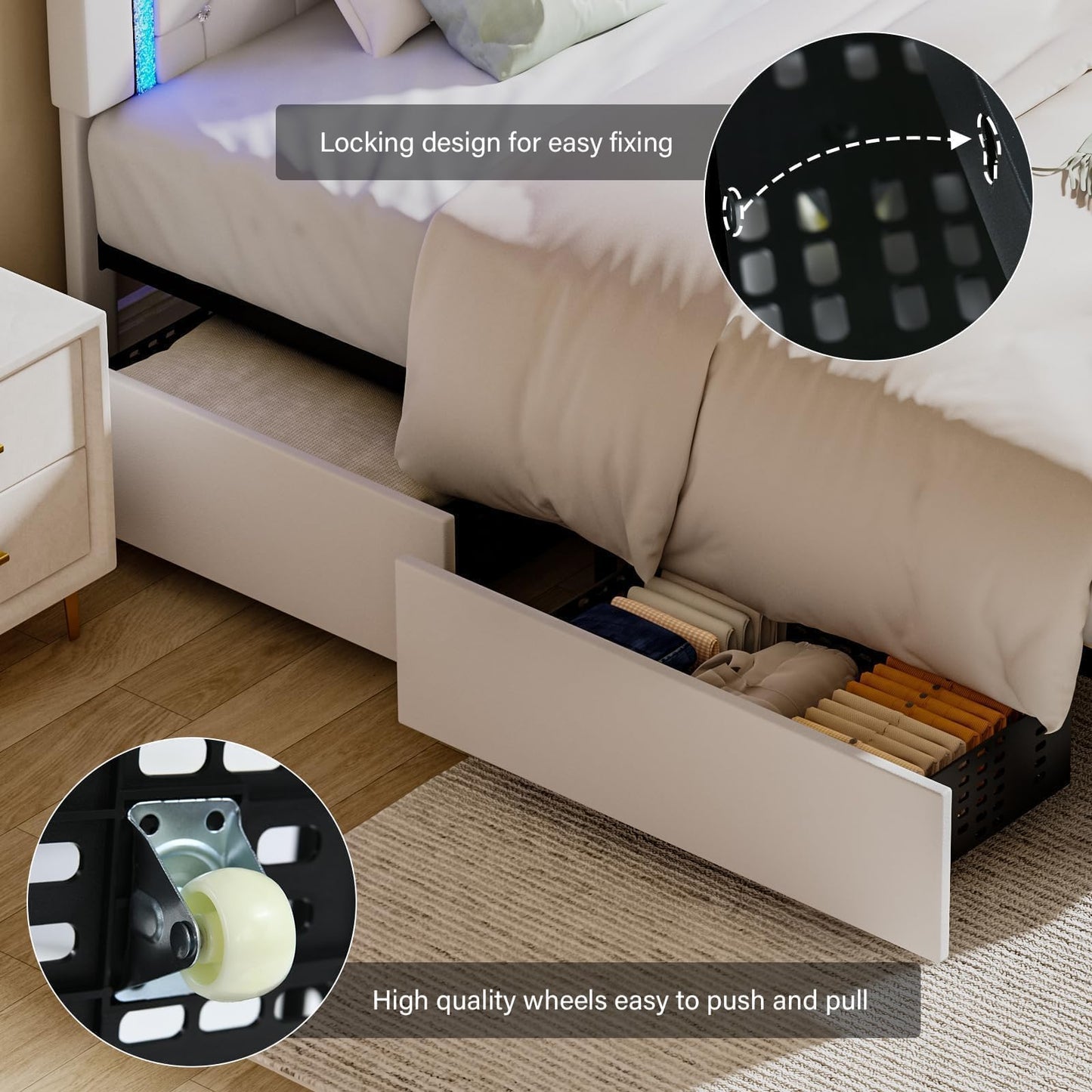 Full Size Bed Frame with LED Lights, Upholstered Bed Frame with Storage Drawers, Princess Platform Bed with Diamond Headboard and Footboard, No Box Spring Needed, White