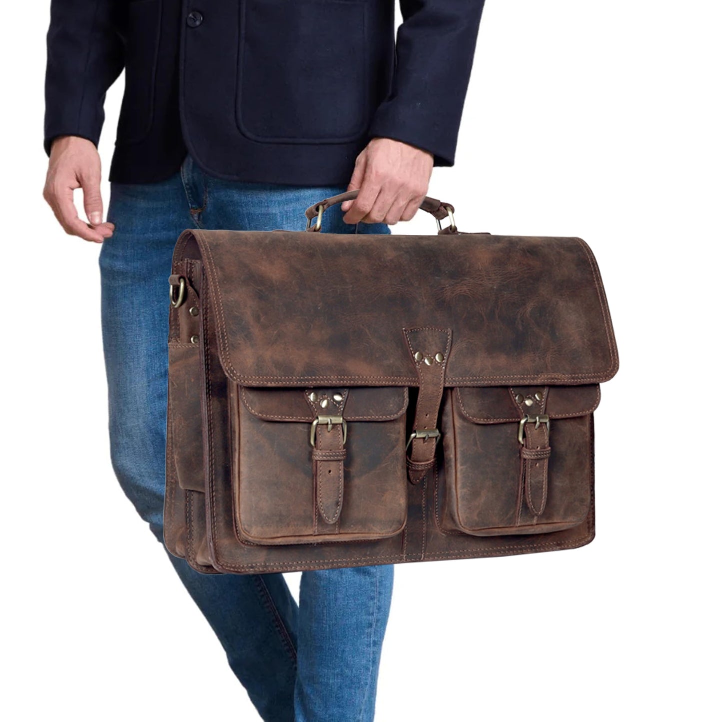 Vintage Leather Messenger Bag for Men & Women, Multi-Pocket Briefcase Satchel, 16 Inch Laptop Shoulder Bag – Brown (Vintage Brown, 18 inch Large)