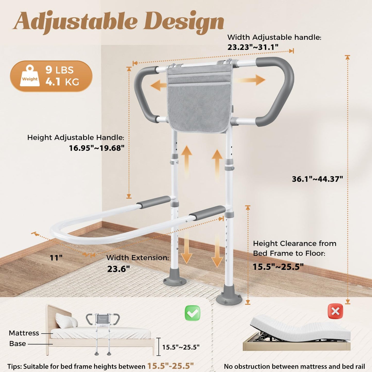 easymake Bed Rails for Elderly Adults Safety: Adjustable Bedside Assist Rails with Storage Pockets, Non-Slip Handles, Sensor Night Light, 400LB Gravity Capacity