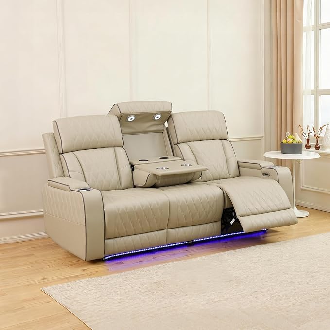 Caberryne Power Recliner Sofa with LED Lights,Leather Reclining Couch with Double Recliner/USB Port/Coffee Table/Cup Holder for House/Home Theater(3 Seater Sofa,Paddy)
