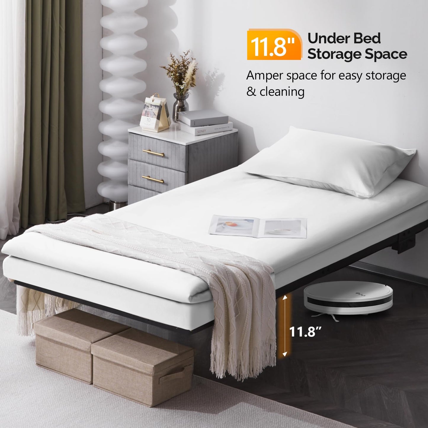 VINGLI Twin Floating Bed Frame with USB Charging Station/LED Lights, 14'' Platform Bed Frame Twin Size Heavy Duty Metal Bed, No Box Spring Needed,Black