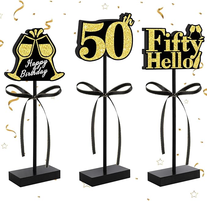 BAOOOFUL 50th Black Gold Glitter Centerpieces for 50th Birthday Table Decorations,Wood Signs Happy Fifty Years Old B-Day T...