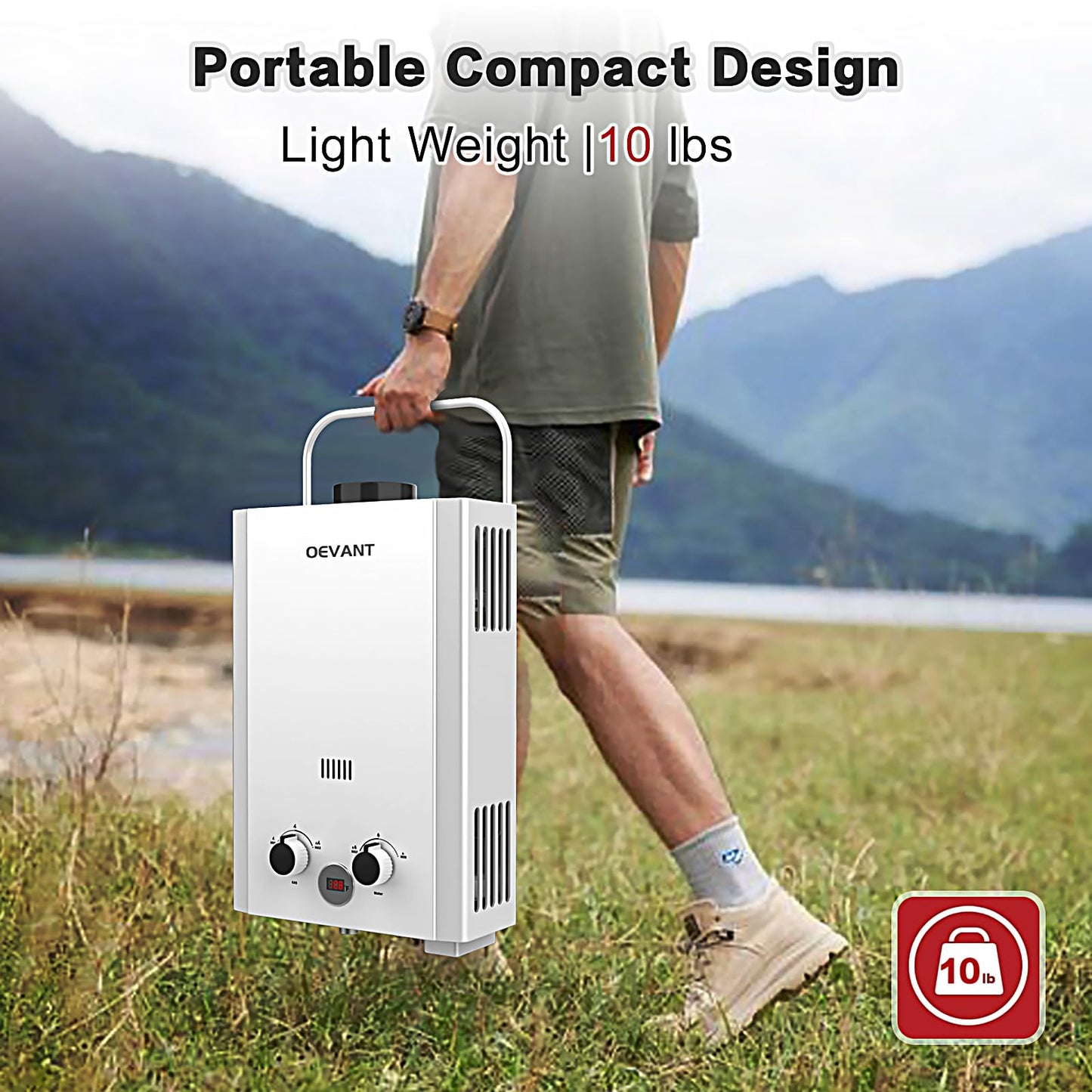 OEVANT Propane Water Heater, 1.58GPM 6L Portable Tankless Water Heater with Handle & Overheating Protection, Propane Gas, Instant Hot Water for RV Camping, Outdoor Shower (WHITE)