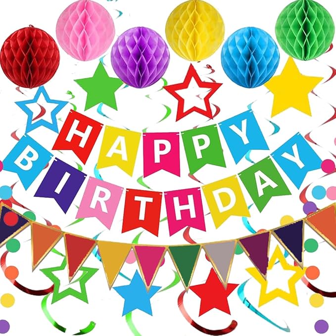Buygain Colorful Birthday Decorations, Happy Birthday Banner with Honeycomb Balls, Stars Hanging Swirl Streamers, Buntings...