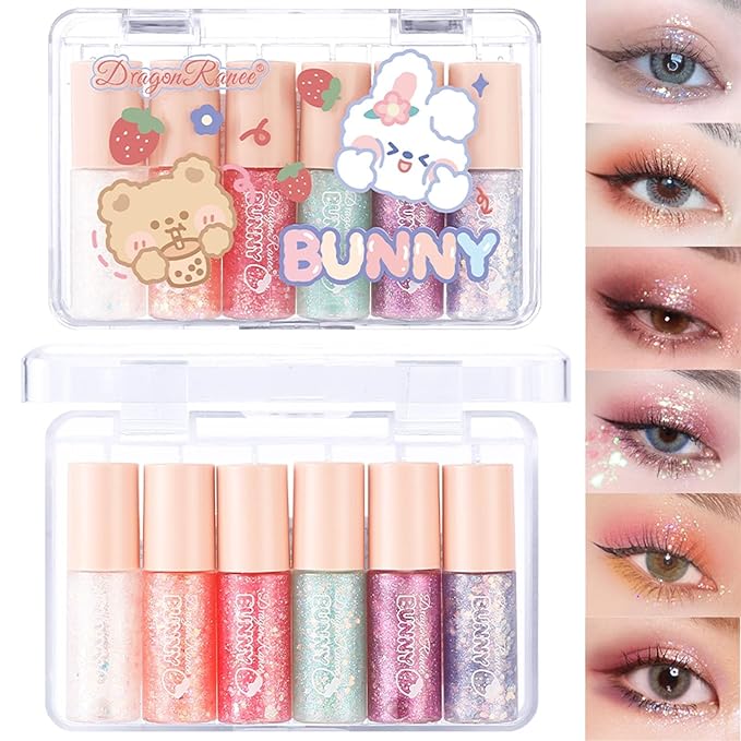 MooGlamor 6 Pcs Liquid Glitter Eyeshadow Set Colorful Eyeliner with Long-Lasting and Waterproof Shinning Eye Shadow Gift f...