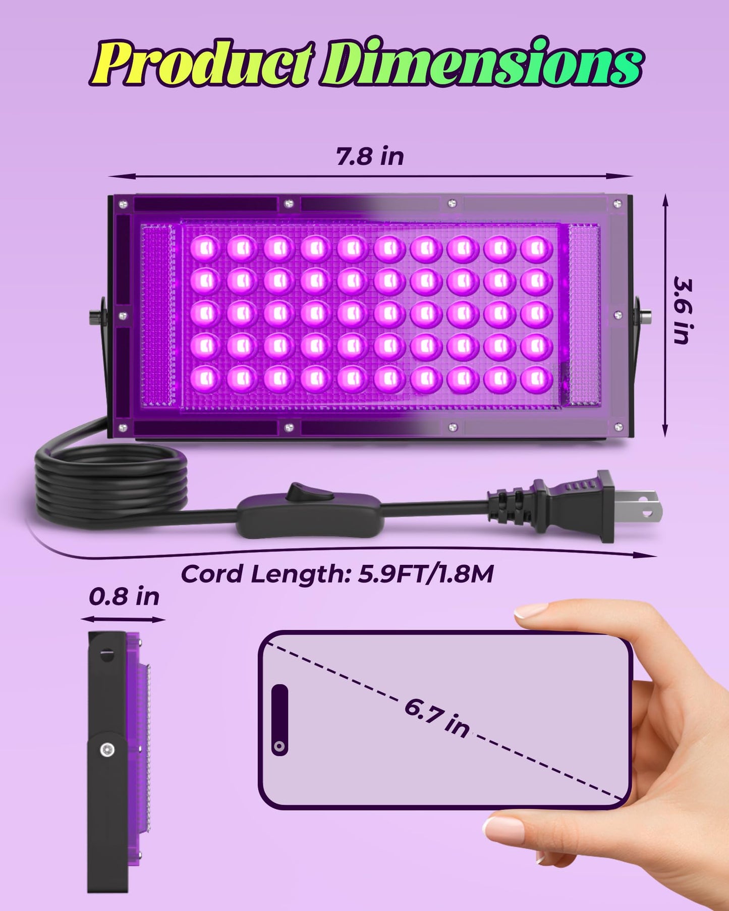 2 Pack 50W LED Black Light, Blacklight Flood Light for Glow Party IP66 Waterproof, Outdoor Black Lights with Switch&Plug for Halloween, Glow in The Dark, Neon Party, Fluorescent Poster, Birthday