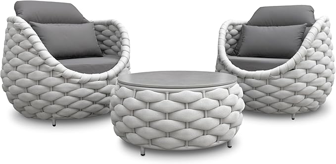 Erotr Front Porch Furniture Set 3 Piece: Aluminum Woven Rope Patio Conversation Sofa Set for 2 - Assembled Outdoor Deck Couch Armchair Set Cushions - for 400lb Balcony Pool Yard Bistro Hotel - Gray
