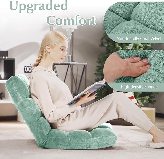 ARLIME Adjustable Floor Chair, 14-Position Lazy Sofa Chair with Back Support & Thick Padding, Portable Foldable Floor Couch for Adults, Kids, Use in Bedroom, Living Room, Home Theater (Green)
