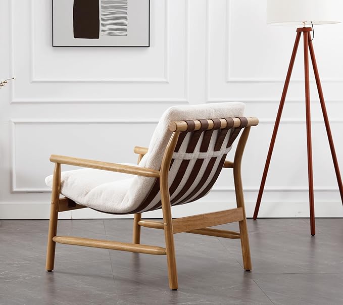 White Sherpa Accent Chair Mid Century Modern Living Room Chairs Comfy Arm Chair w/Solid Wood Legs Boucle Upholstered Lounge Side Chair for Bedroom/Reading/Sofa/Bedside