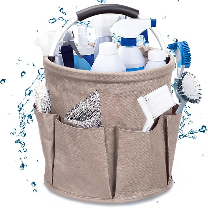 Qivine Cleaning Caddy for Cleaning Supplies, 17L Cleaning Supply Caddy with Handle Foldable Cleaning Supplies Organizer Bucket Tool Bag Organizer Cleaning Products Organizers for Home, Garden (Khaki)