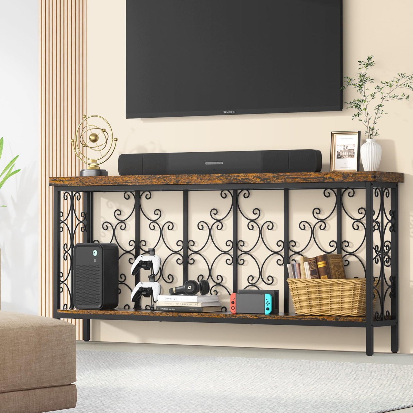 ikkle 70.9" Extra Long Console Table, Industrial Narrow Sofa Table Behind Couch with 2 Tier Storage Shelf, Entryway Hallway Accent Table for Living Room, Foyer, Rustic Brown