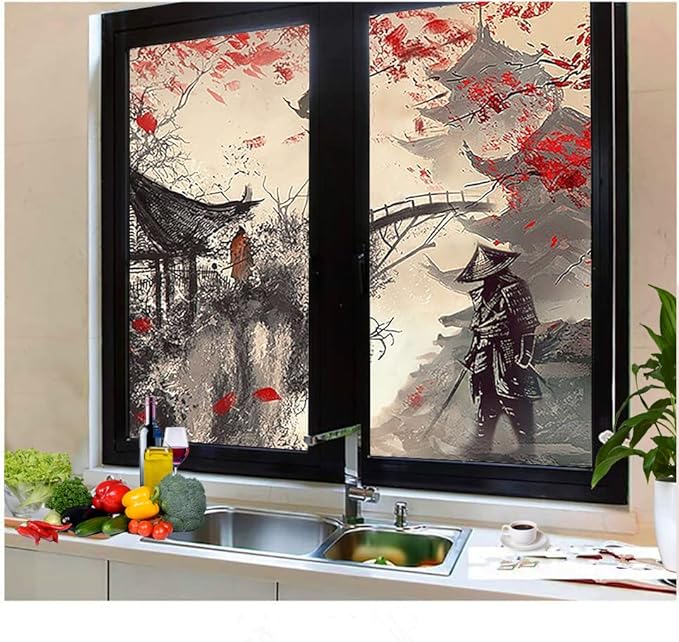 Vintage Japanese Samurai Air Window Film Watercolor Ink Ancient Cherry Blossom Red Sunblackout Window Film,Playroom Window Film 23.6Wx35.4L-Inch X2Pcs