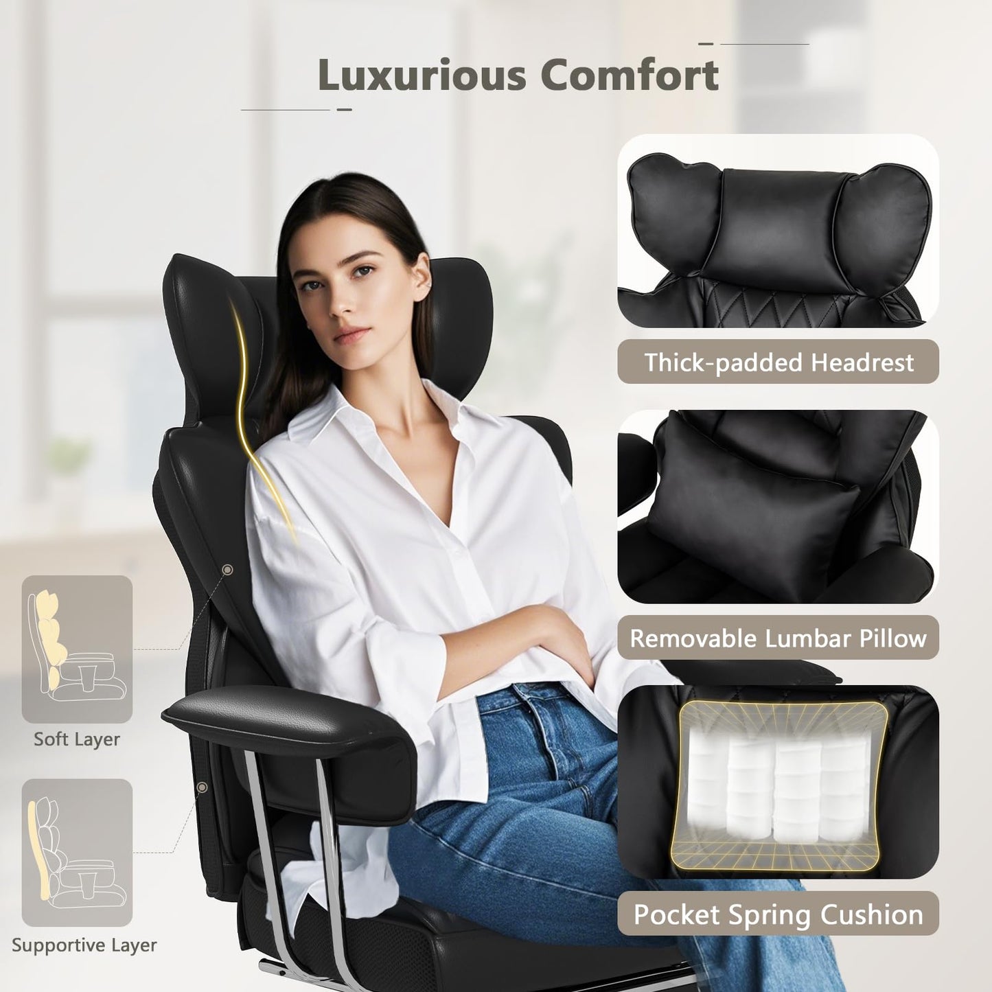 Giantex Office Desk Chair, Big and Tall Executive Office Chair with Foot Rest and Lumbar Support, High Back Leather Swivel Computer Task Chair, Large Ergonomic Reclining Home Office Chair, Black