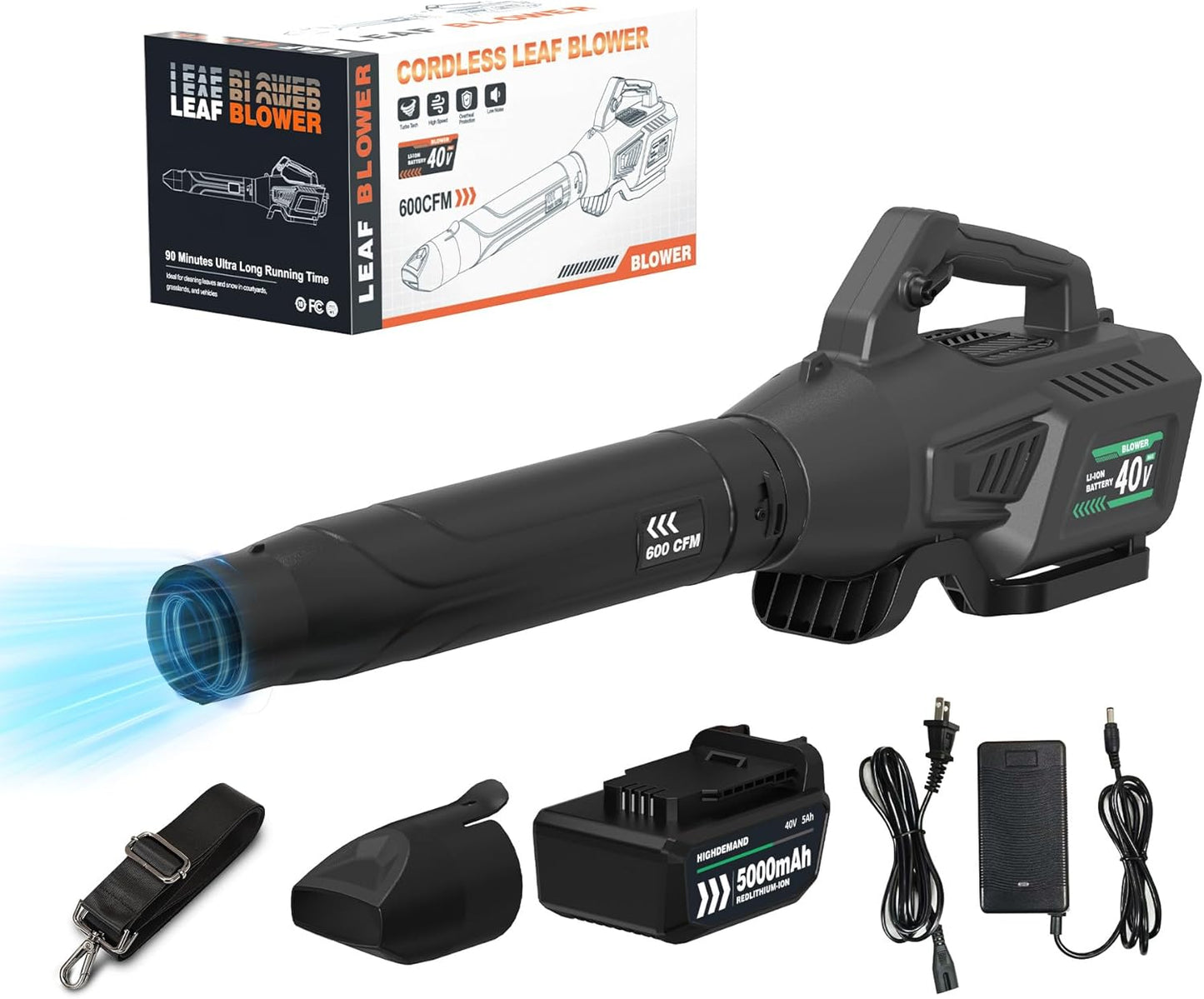Leaf Blower Cordless with Battery - 40V Powerful Electric Leaf Blower, 600CFM &180MPH and Variable-Speed with 5.0Ah Battery and Charger for Lawn Care, Patio, Dust, Blowing Leaves (Grey)