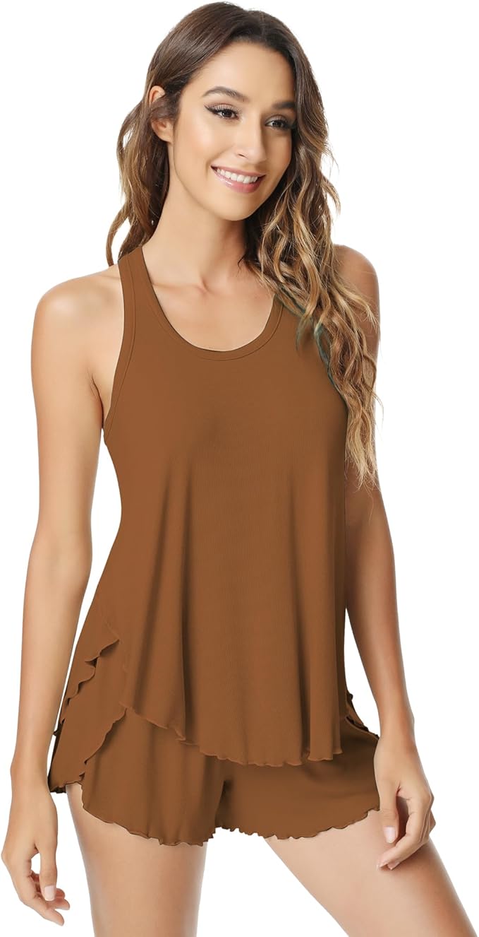 NACHILA Pajamas for Women-Viscose from Bamboo, Ribbed Racerback Tank Top Sexy Split Shorts Pajama Sets Cooling Sleep Cami Pjs