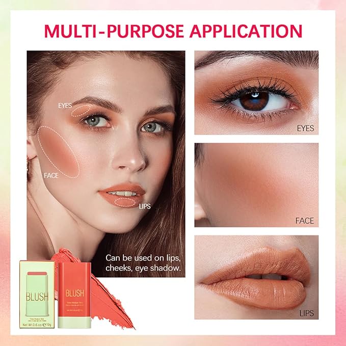 Multi-Use Makeup Blush Stick, Cream Blush Stick, Tinted Solid Moisturizer Stick for Cheek & Eyes & Lips, Waterproof Natural Nude Makeup, Suitable for All Skin (2#Hot Red)